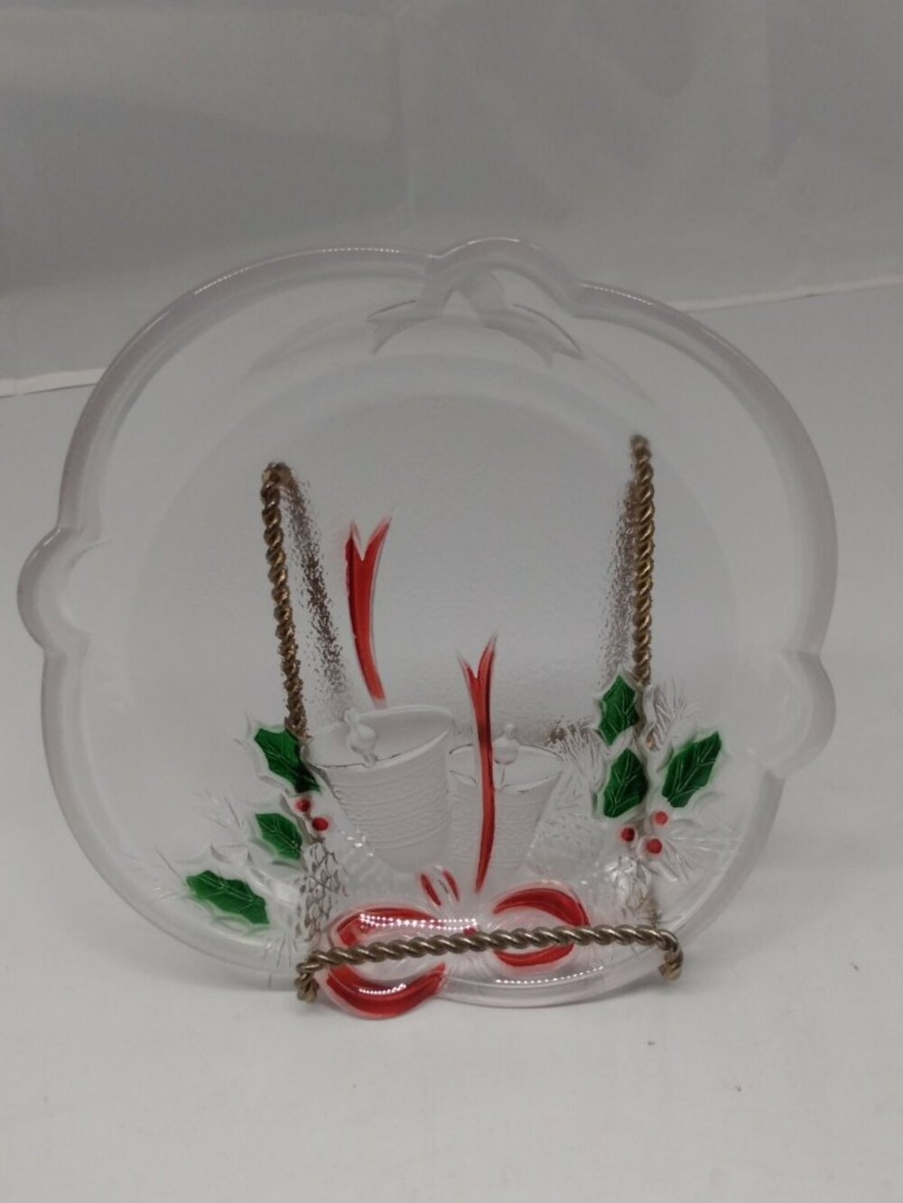 Square Clear Glass Christmas Candy Platter with etched Bells & Florals 7"